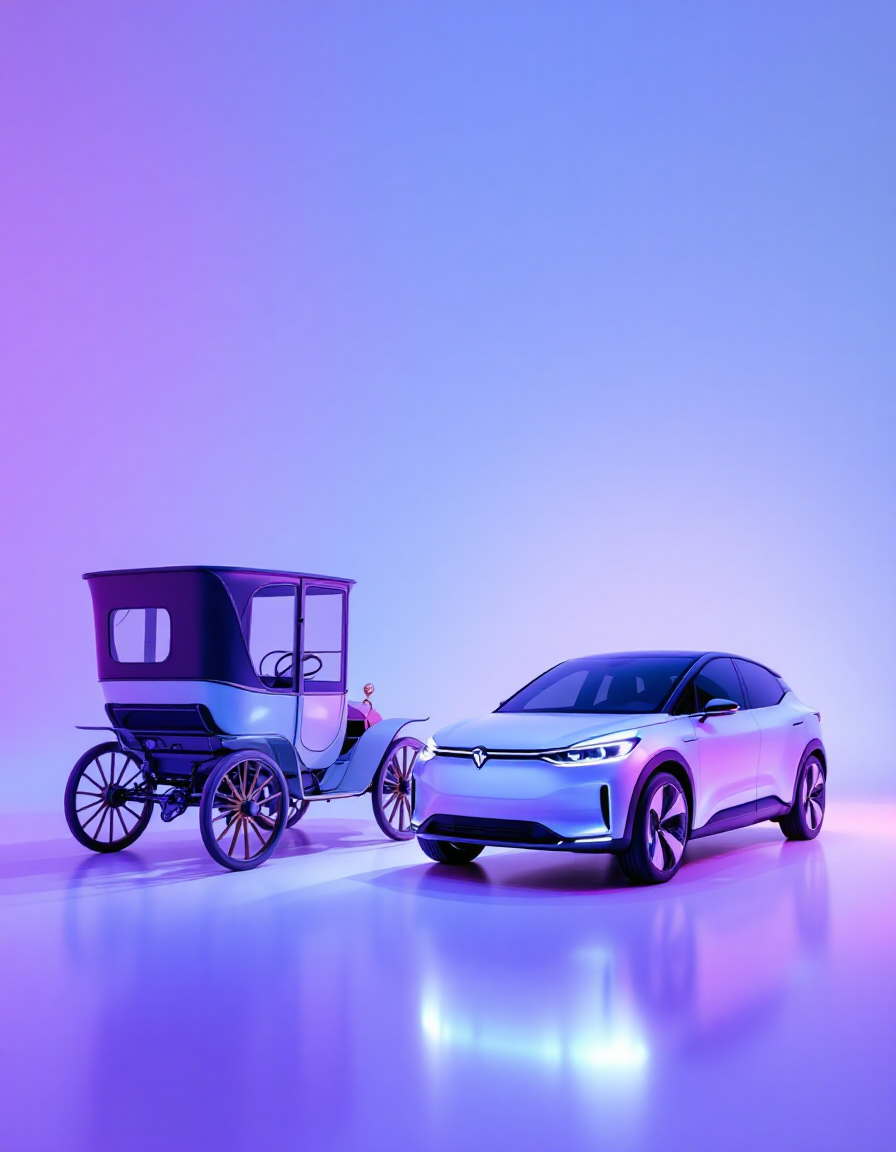 Comparativa entre un vehículo eléctrico de 1900 y uno moderno con tonos azules